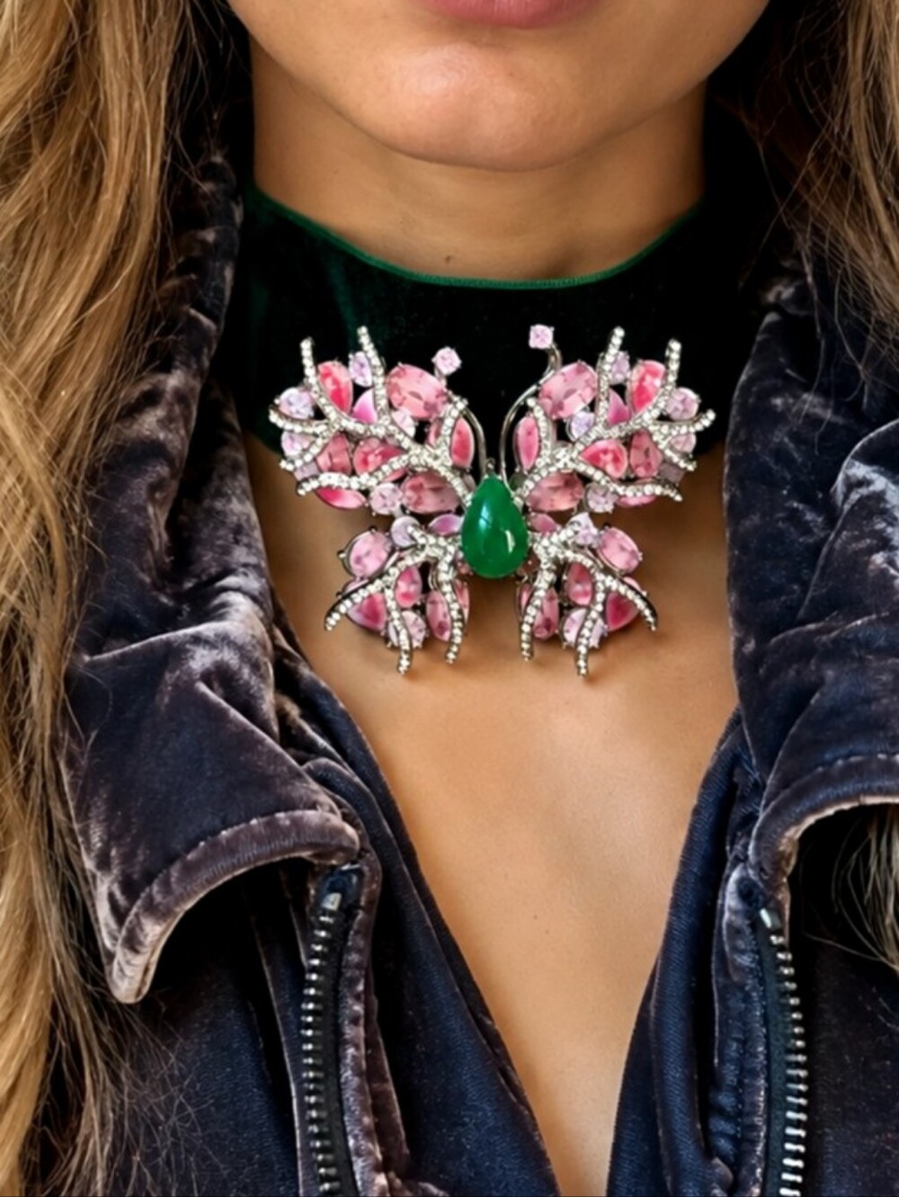 Velvet Choker Large Pink Butterfly Silver Brooch Green Jade white Pave Crystals